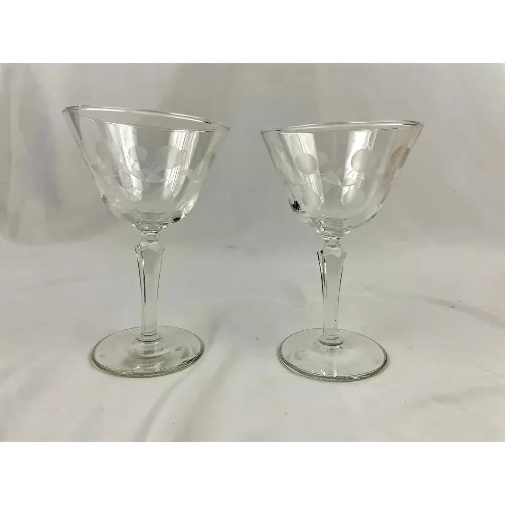 VTG Set of 2 Clear Carlton Champagne Glasses‎ Martini Stem Libbey Glass Etched